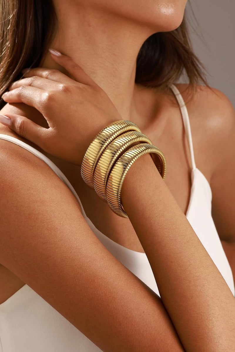 JUNYANGY Gold Bangles for Women Set of 3 Chunky Stretch Bangles Bracelets 24K Gold Plated Stainless Steel Bracelets Flexible Wide Stack Bracelets Designer Look Alike Jewelry for Women - Image 5